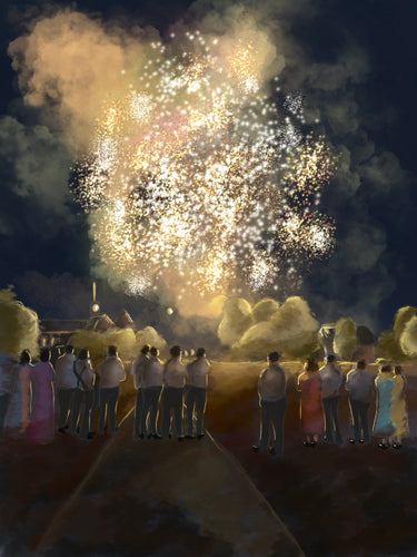 People watching a fireworks display in an open area with trees and a building in the background.