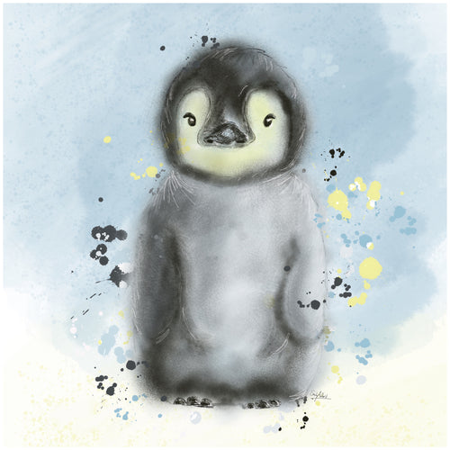 Gentle painting of a baby penguin with soft grey fur, a slightly cross look on his face - with a baby blue background with a smattering of yellow, black, white and blue paints splashes creating energy.  Great for nurseries and playrooms 